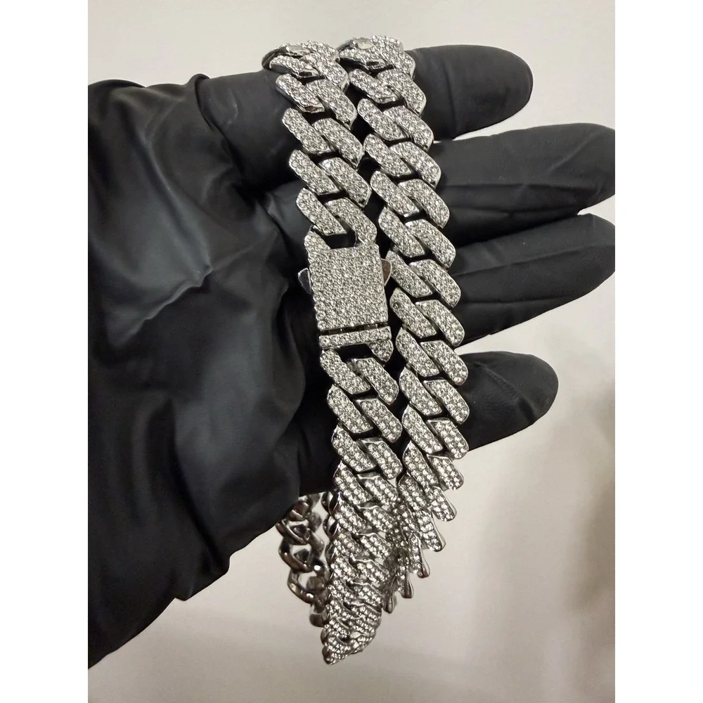 iced out cuban chain crystal vvscz silver over stainless 26in 14mm water resist